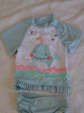 Light Blue Whale Swim top rash guard with matching bottoms. Glittery accents 3T